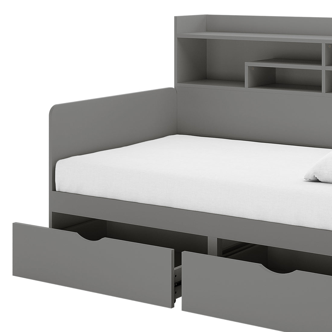 Hally Storage Single Bed with Desk and Drawers in Grey features a sleek day-bed design, integrated shelving headboard, two large pull-out drawers, and a built-in study desk, optimizing space and organization.