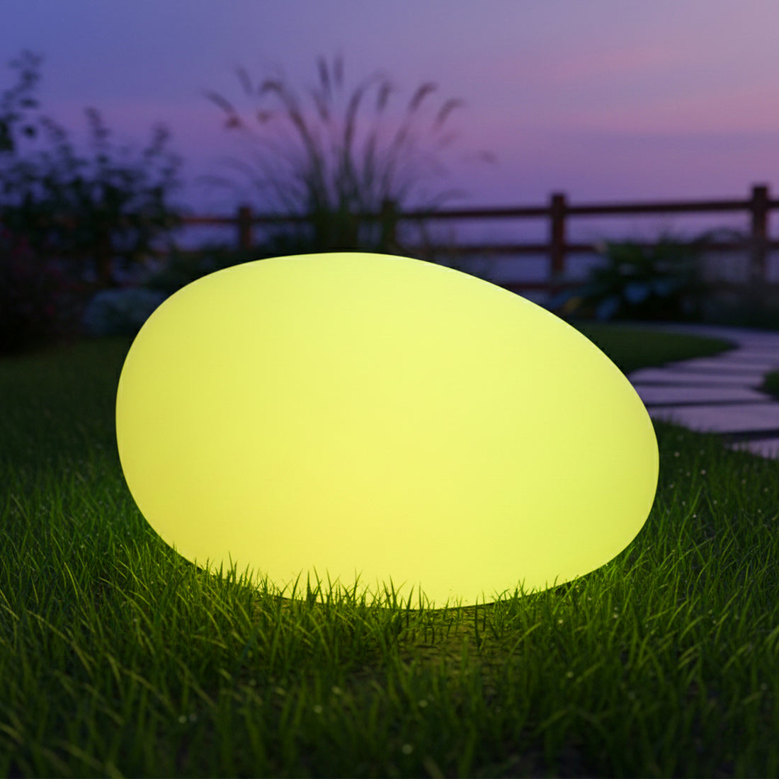 Solar Charging Outdoor LED Rock Light Waterproof Stone Lamp, egg-shaped and softly glowing, sits on garden grass at dusk, blending seamlessly into the natural landscape with decorative ambiance.