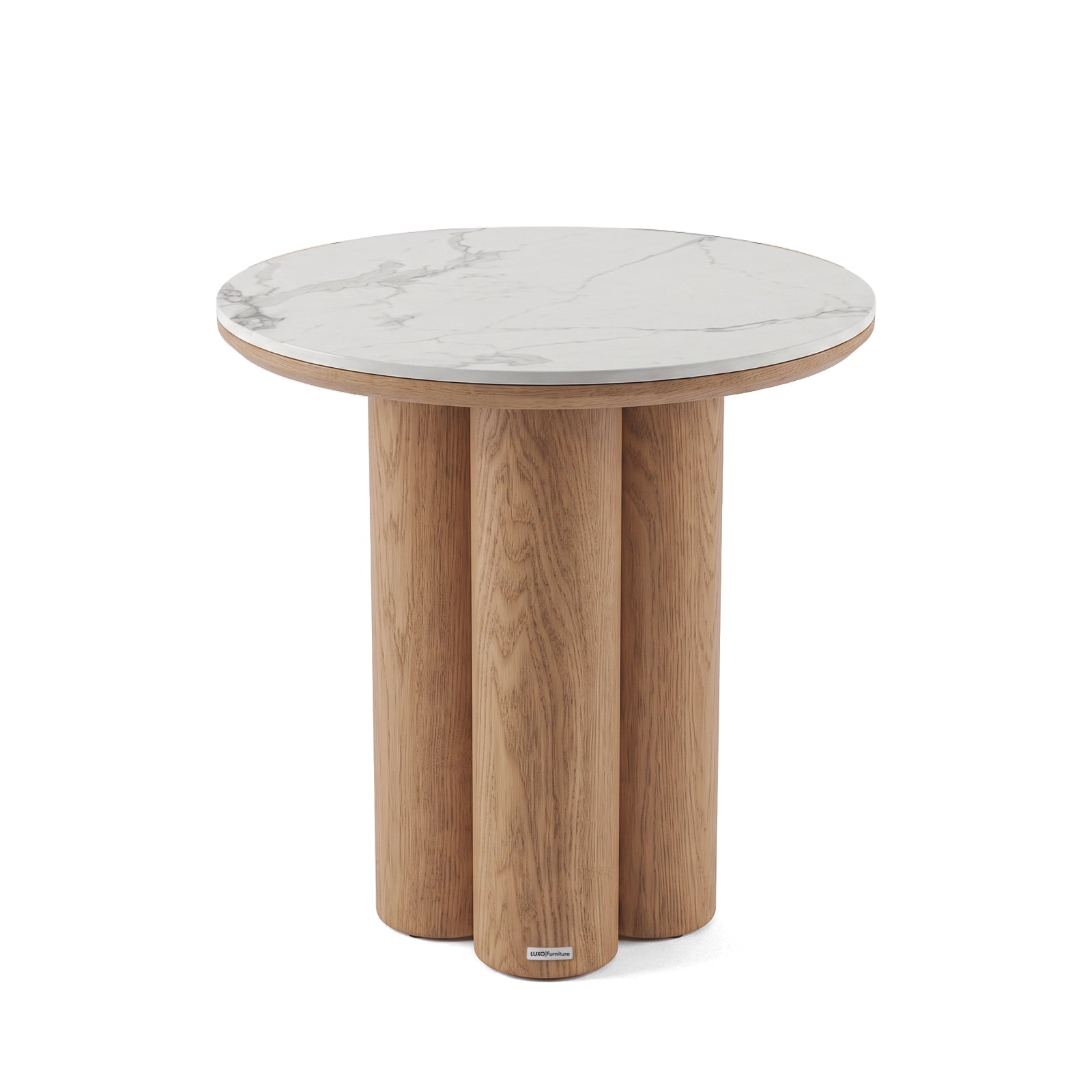Round accent table with a white marble-look top and three cylindrical wooden legs on a white background