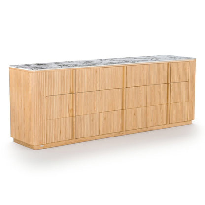 Light wood sideboard with a marble-patterned top on a white background