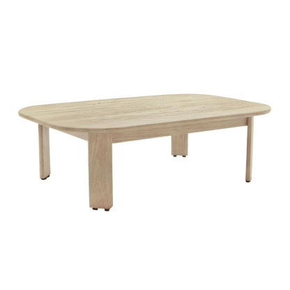 Elani 5-Seater Acacia Hardwood Outdoor Sofa Set features a light-colored wooden coffee table with rounded corners and four simple legs, complementing the plush seating for a stylish outdoor retreat.