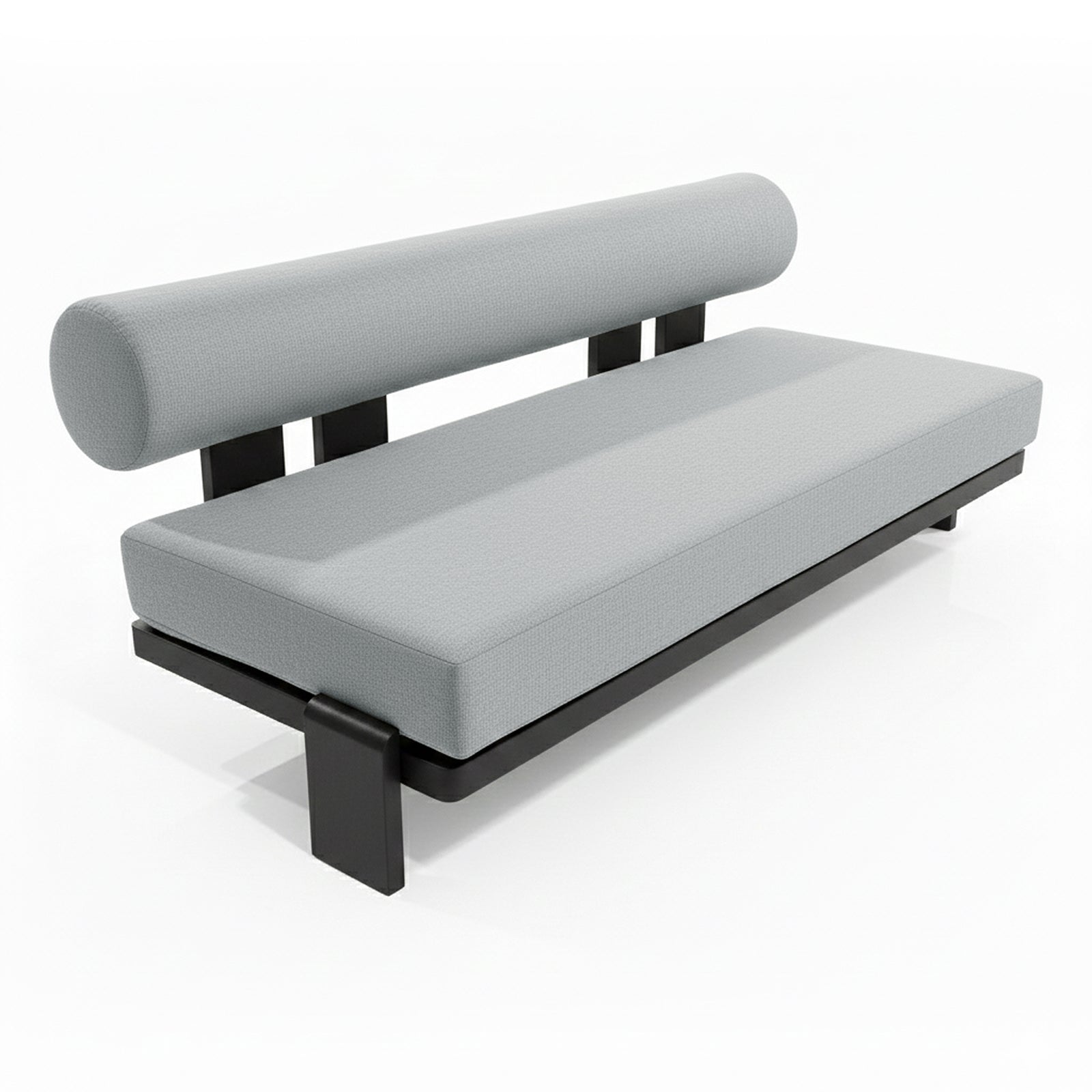 Modica 5 Seater Aluminium Outdoor Sofa Set in Black & Grey features a minimalist bench-style with a black metal frame, long gray seat, and cylindrical bolster backrest, perfect for modern outdoor lounging.