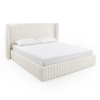 Ivory upholstered platform bed with vertically channeled headboard and footboard on a white background