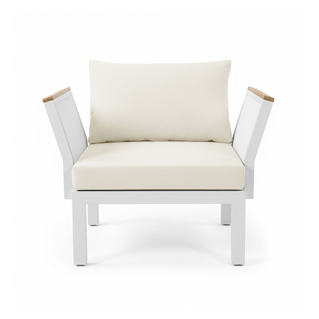 Sierra Outdoor Lounge Set in Beige: A modern single-seat chair with a square white metal frame, angled armrests with wood accents, and cream cushions, epitomizing relaxed resort style.