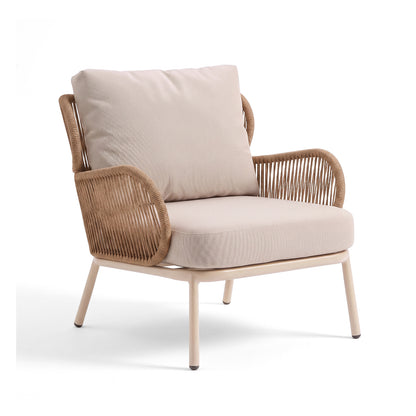 Contemporary lounge chair with beige cushions and woven armrests on a white background