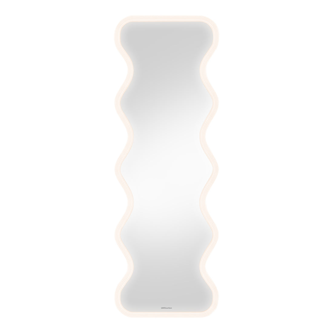Modern full-length wavy mirror with LED light strip on white background