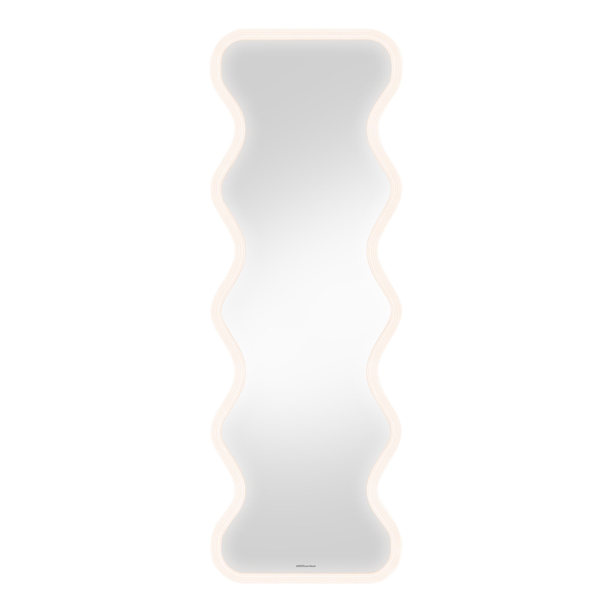 Modern full-length wavy mirror with LED light strip on white background