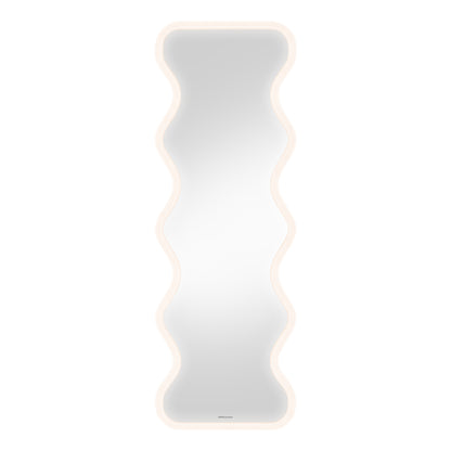 Modern full-length wavy mirror with LED light strip on white background