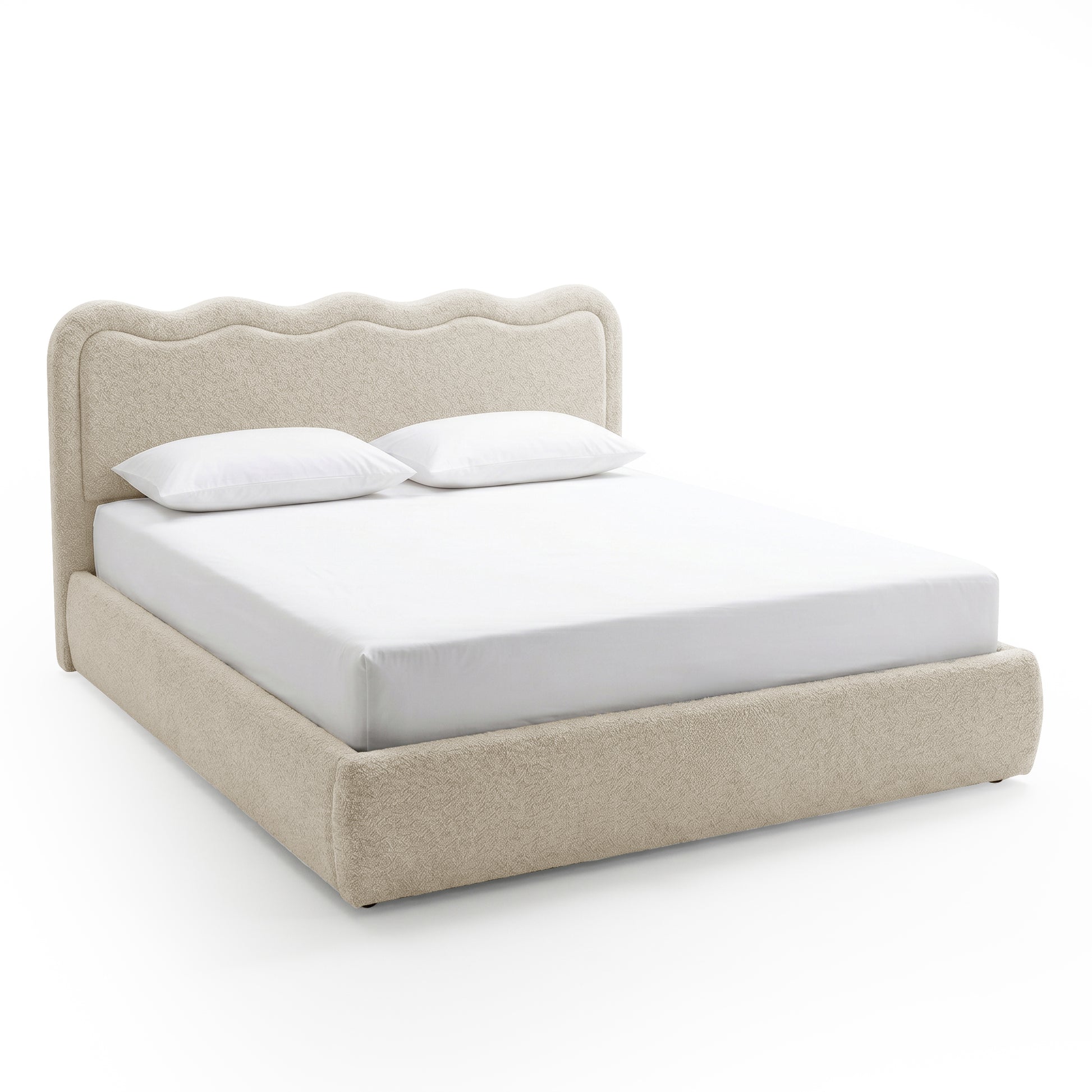 Modern upholstered bed with scalloped headboard on white background