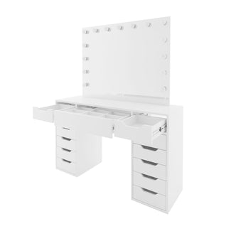 Jenna Hollywood LED Mirror Dressing Table in White features a large mirror with 15 LED bulbs, three drawers with compartments, and two side pedestals, offering practical storage and studio-style lighting.