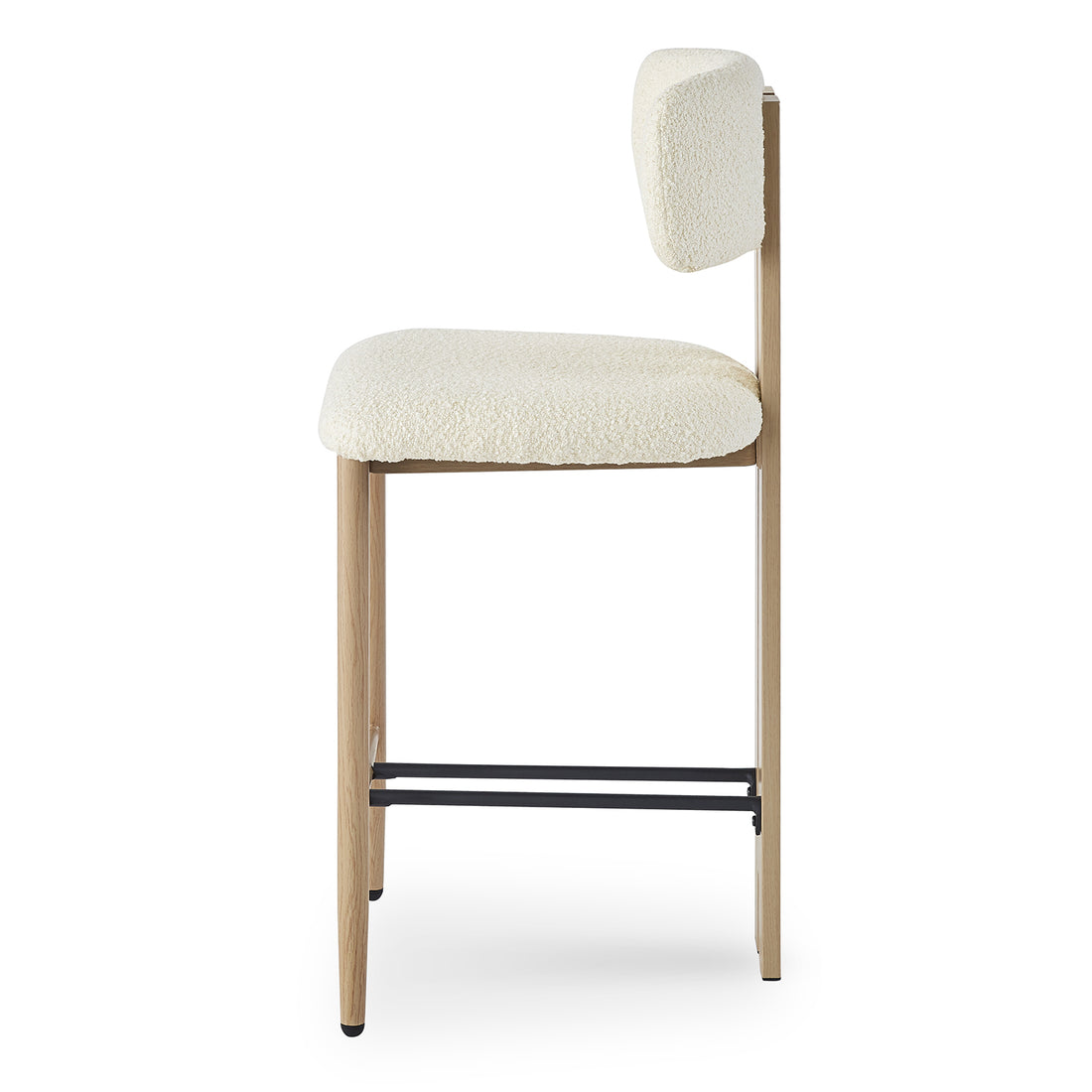 Haleo Curved Boucle Fabric Barstool Set of 2 in Cream White features a side view of a padded seat and backrest in boucle fabric, with slender wooden legs and black metal footrest.