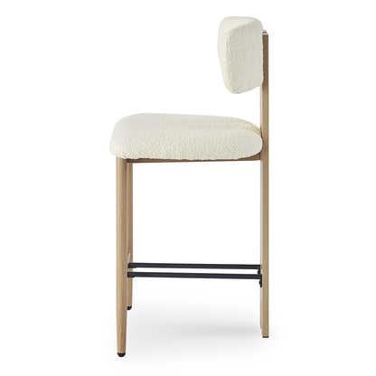 Haleo Curved Boucle Fabric Barstool Set of 2 in Cream White features a side view of a padded seat and backrest in boucle fabric, with slender wooden legs and black metal footrest.