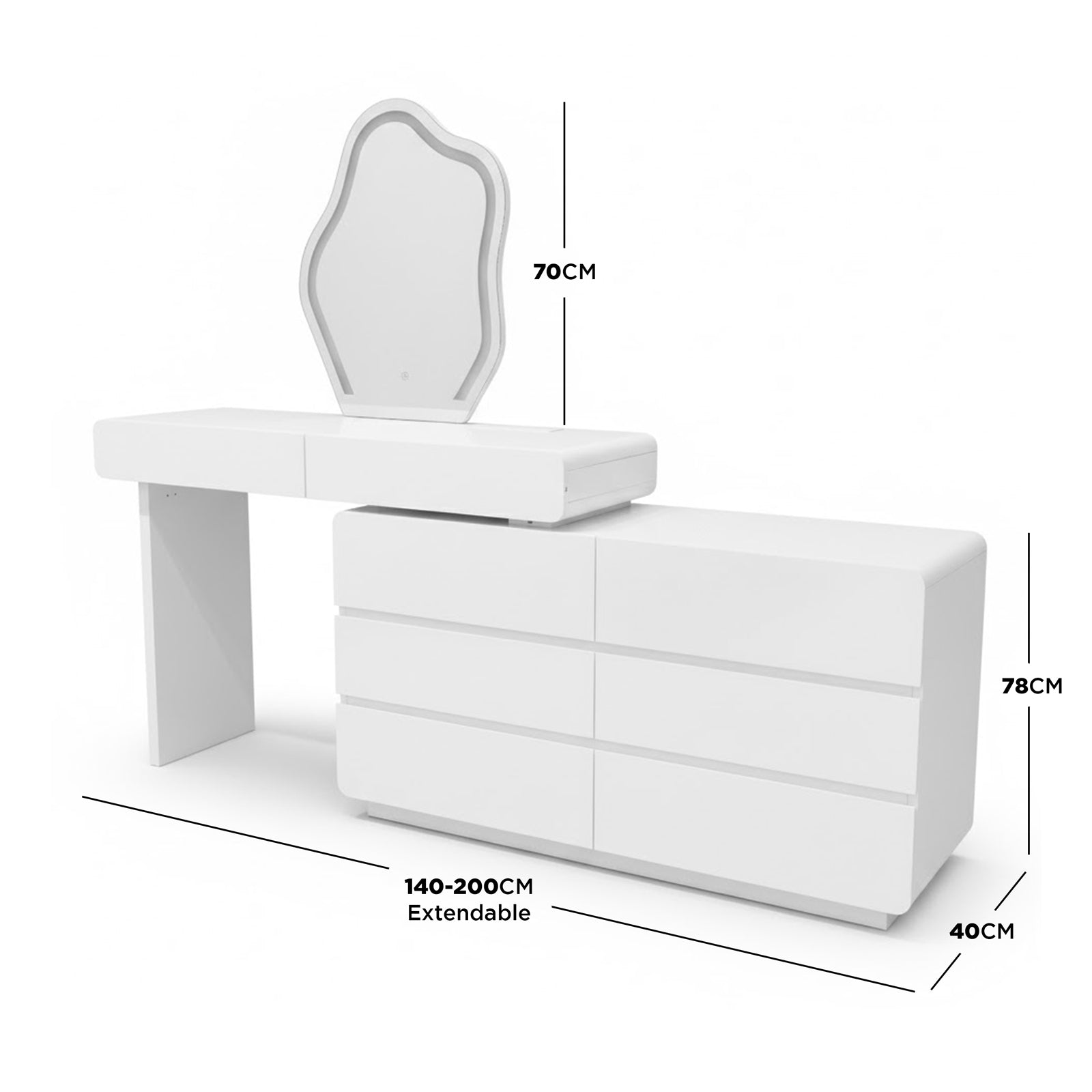 Eloura LED Mirror Dressing Table with Storage in White features a sleek six-drawer unit and extendable tabletop with a 70 cm cloud-shaped mirror, offering versatile layout and ample storage.