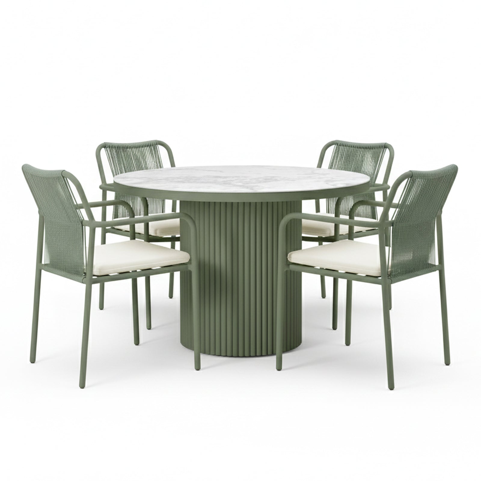 Evone 4 Seater Stone Outdoor Dining Table Set in Green, featuring a round marble-look tabletop and fluted base, with four metal-framed chairs with woven backs and white cushions.
