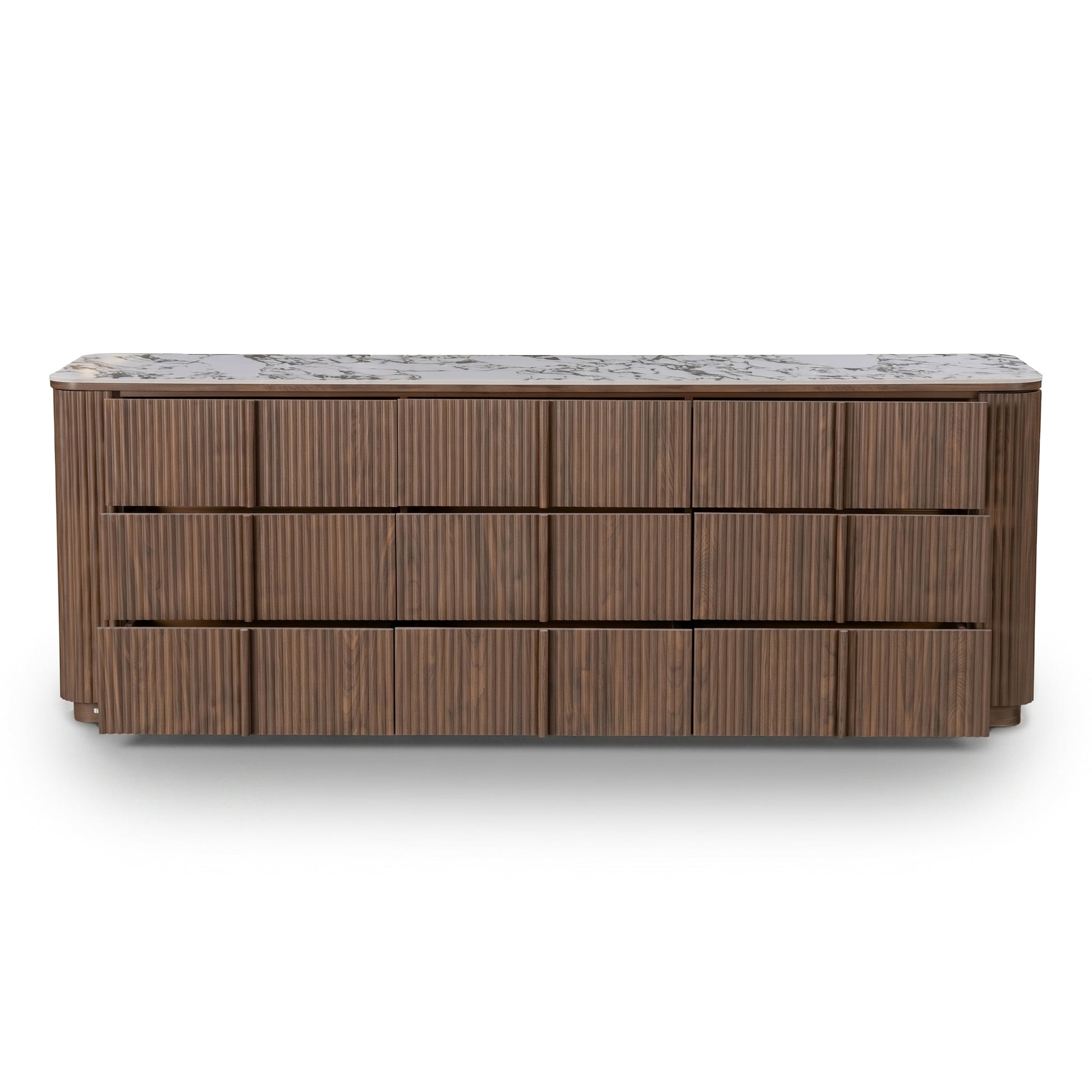 Contemporary sideboard with fluted wood design and marble top on white background