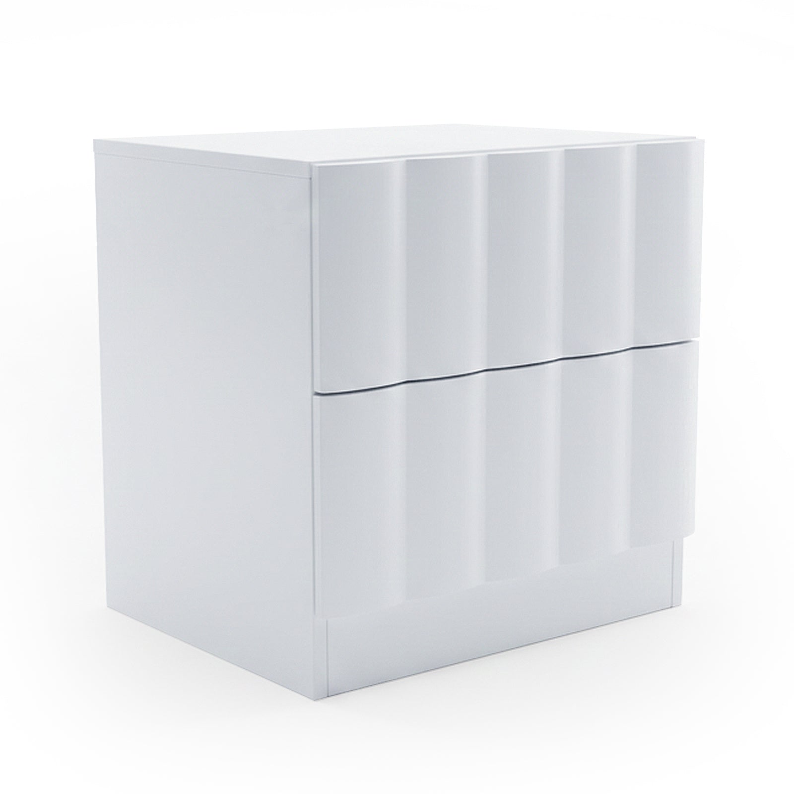White two-drawer cabinet on white background