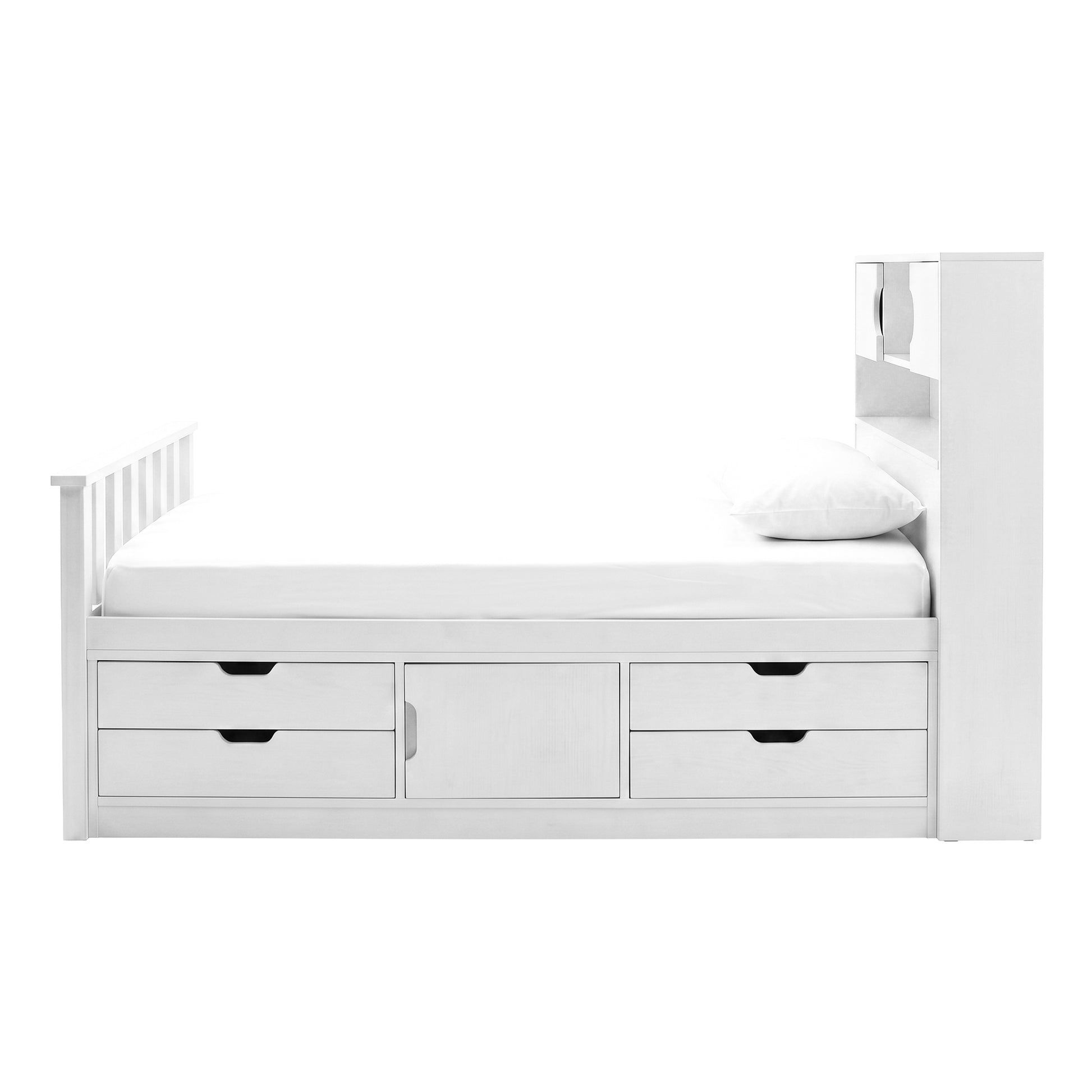 Side view of a white storage daybed with drawers and shelving on a white background