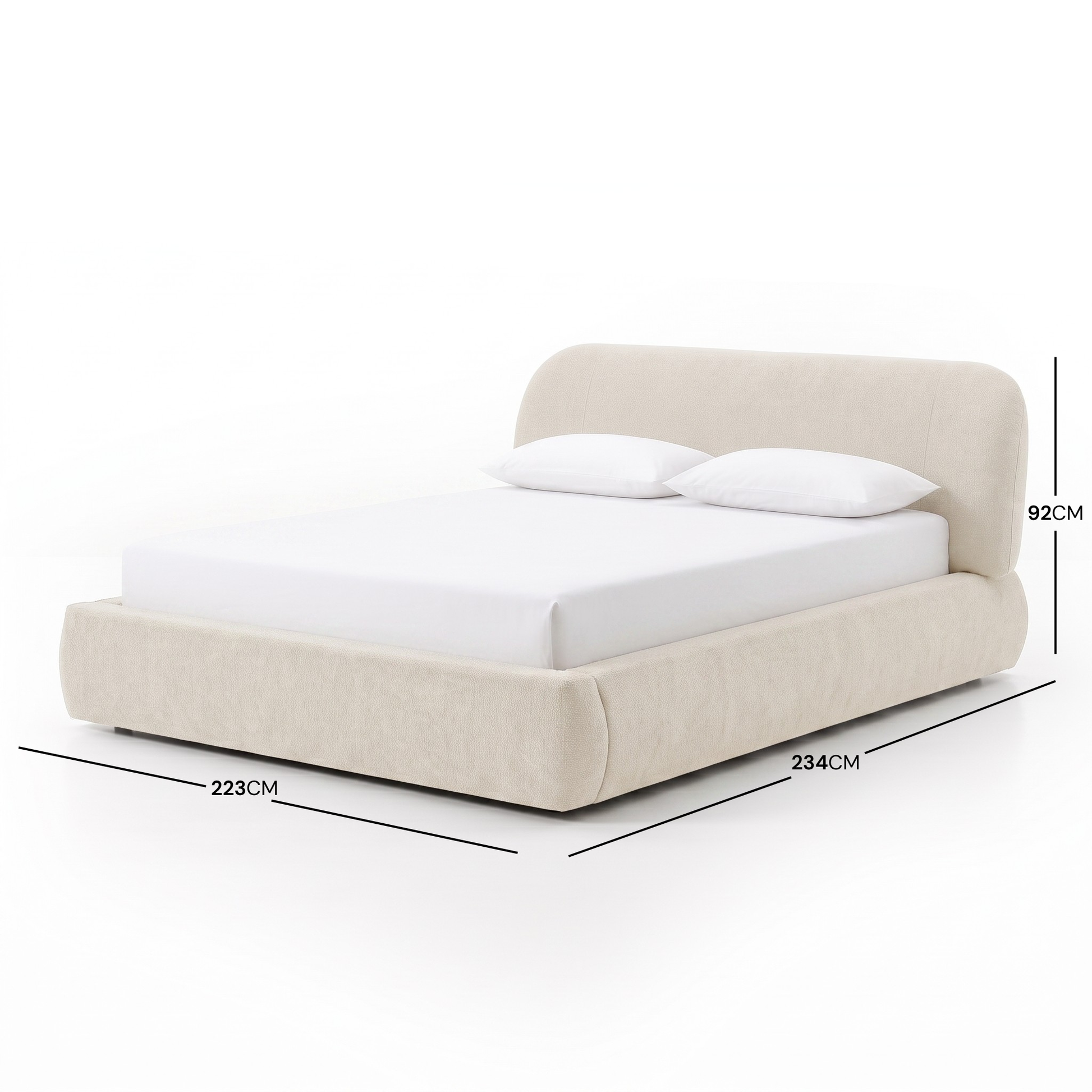 Modern upholstered bed on white background with dimension markers showing height, depth, and width