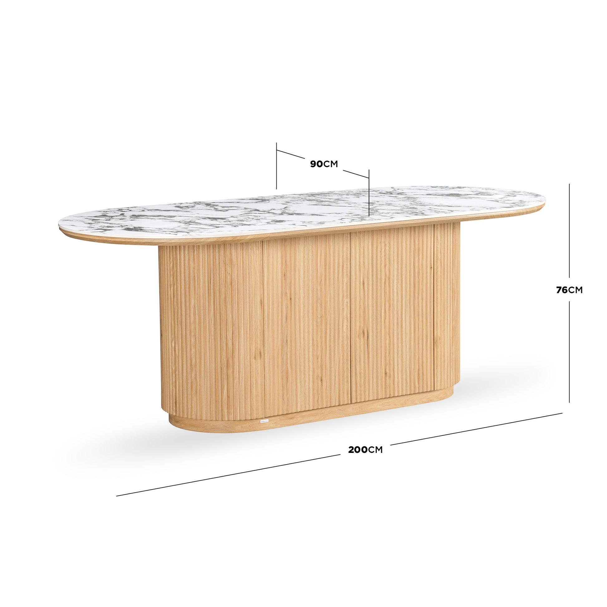 Oval dining table with marble-pattern top and light wood slatted base with dimensions labeled on a white background