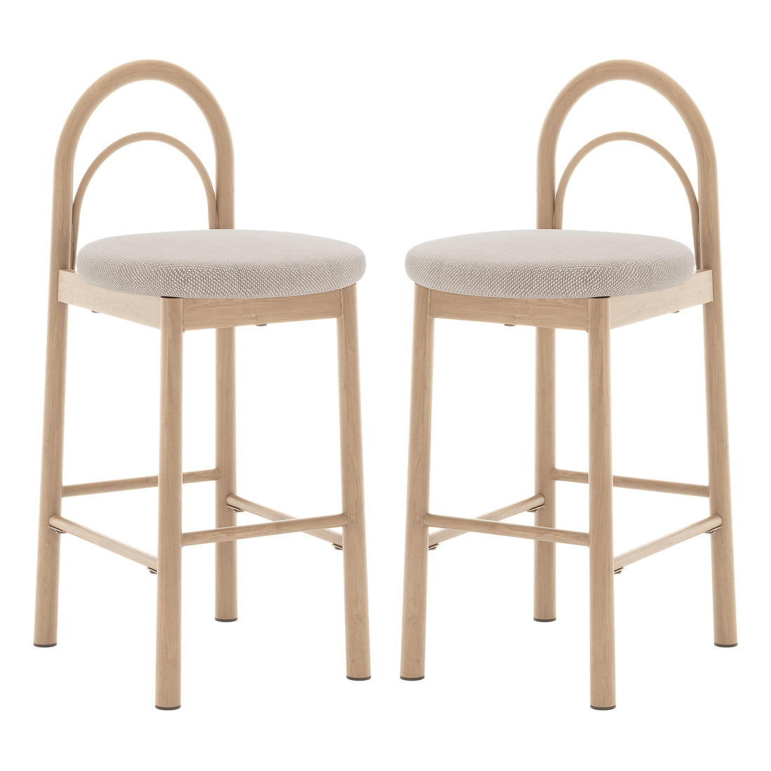 Two modern bar stools with light wood frames and upholstered seats on a white background
