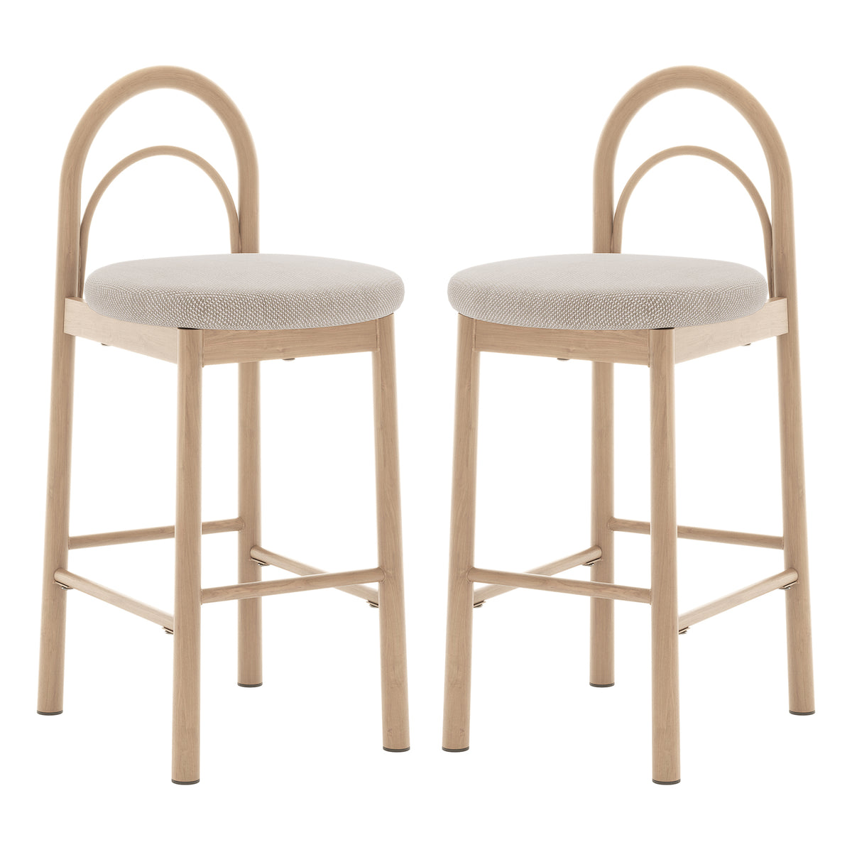 Two modern bar stools with light wood frames and upholstered seats on a white background