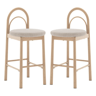 Two modern bar stools with light wood frames and upholstered seats on a white background