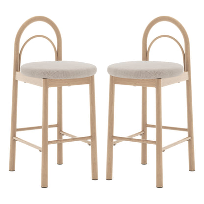 Two modern bar stools with light wood frames and upholstered seats on a white background
