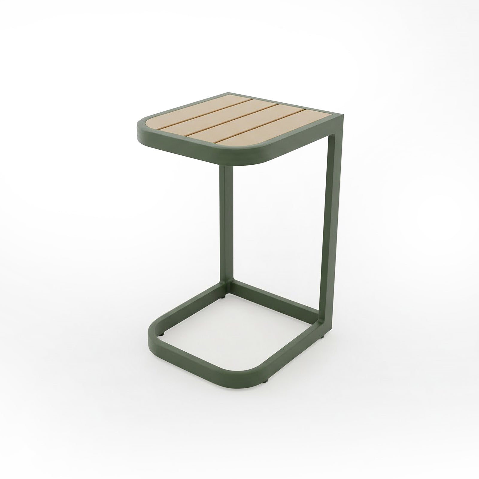 Paloma Modular Outdoor Lounge Set in Olive Green featuring a C-shaped side table with a powder-coated green frame and light-wood slatted top, designed for versatile outdoor use.