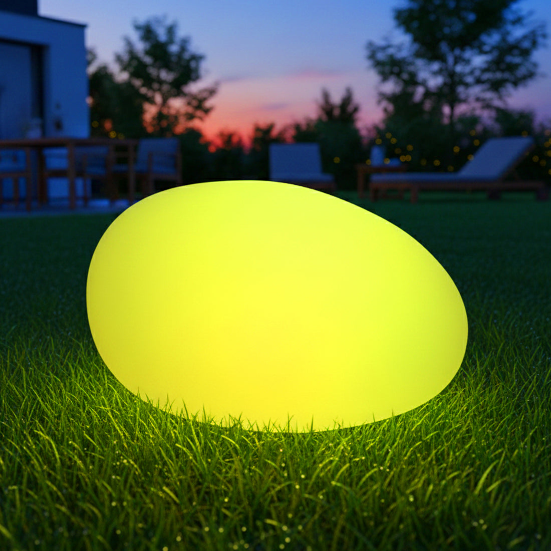 Solar Charging Outdoor LED Rock Light sits on grass, glowing at dusk. Resembling a smooth pebble, it illuminates a garden scene with patio furniture silhouetted against a sunset.