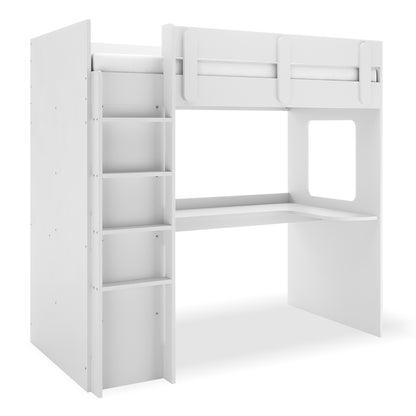 Hann Kids Single Loft Bed Desk Storage in White features an elevated twin bed with guardrails, a corner desk below, built-in ladder, and shelving, ideal for maximizing space in children's rooms.