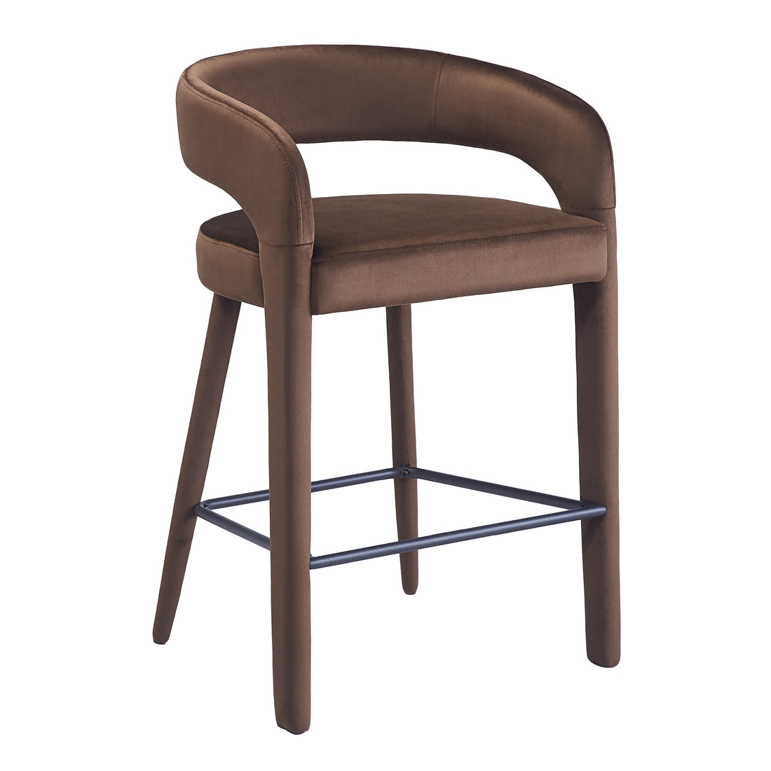 Side-angled view of brown upholstered bar stool on white background