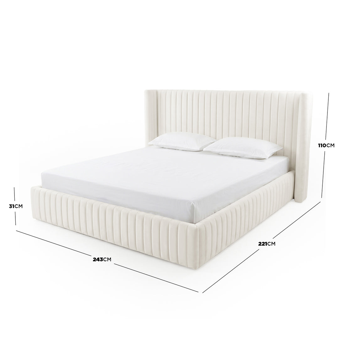 Ivory upholstered bed with dotted measurement guides showing its dimensions