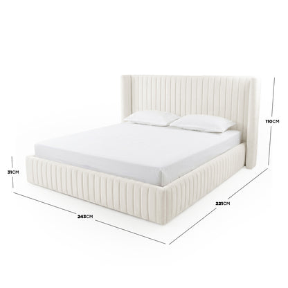 Ivory upholstered bed with dotted measurement guides showing its dimensions