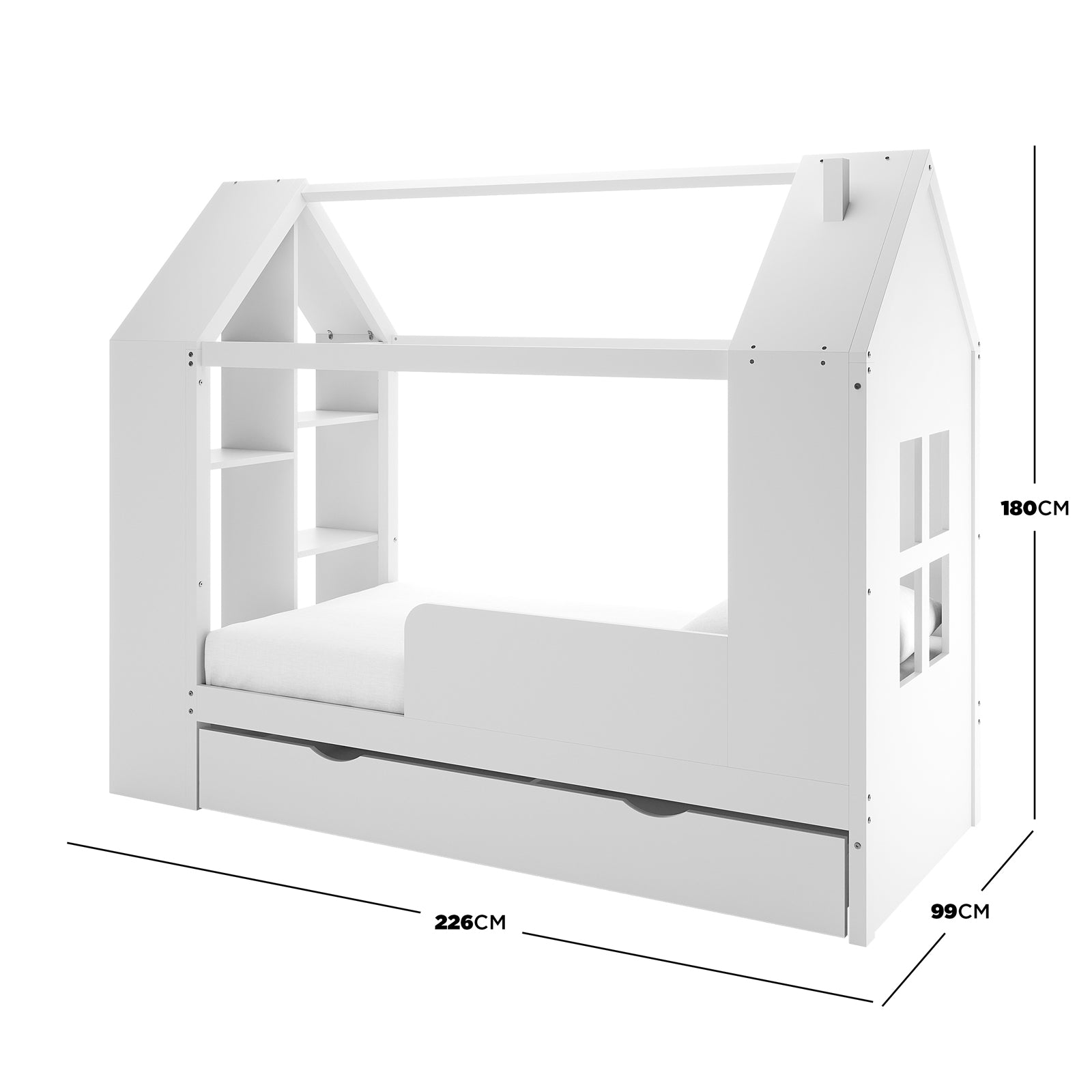Halden Kids Cubby Bed Storage & Trundle in White, featuring a house-shaped frame, built-in shelves, partial safety rail, pull-out storage drawer, and cut-out windows for a playful yet practical design.