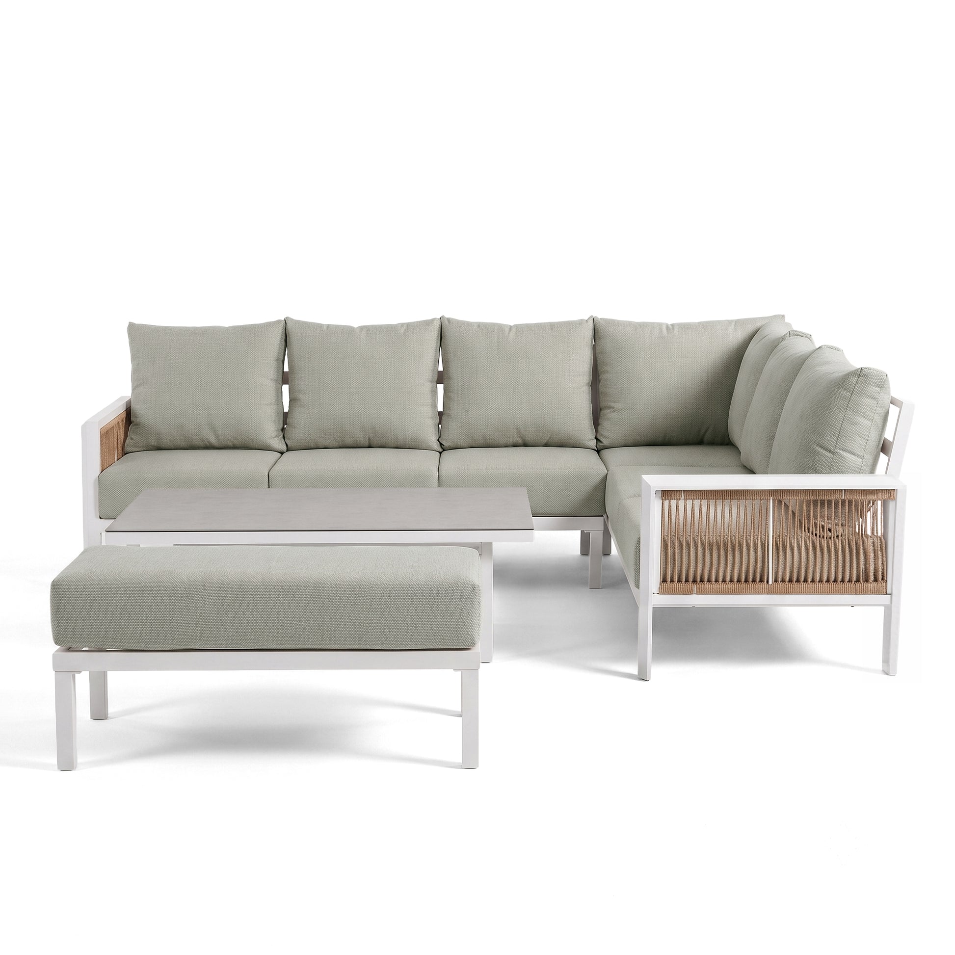 Modern L-shaped outdoor sectional sofa with matching ottoman on a white background