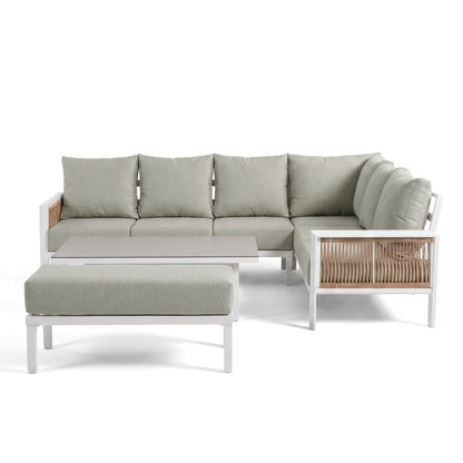 Modern L-shaped outdoor sectional sofa with matching ottoman on a white background
