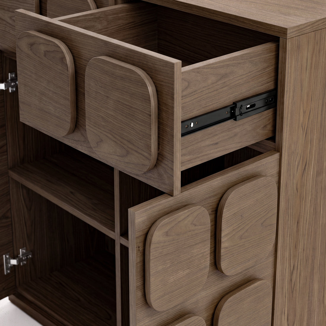 Close-up of a wooden cabinet corner with open drawers and visible wood grain on a white background