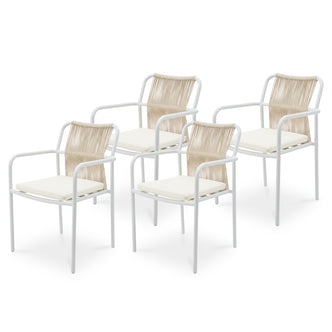 Set of four Evone Aluminium Rope Outdoor Dining Chairs featuring slim metal frames, curved armrests, and natural-tone rope backrests, arranged in two rows on a light background.