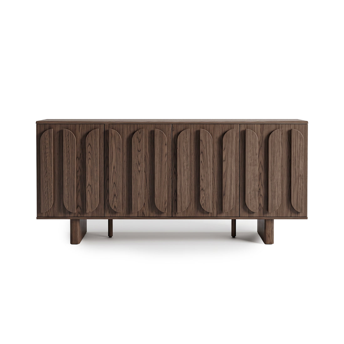 Modern wooden sideboard with raised geometric door pattern on a white background.