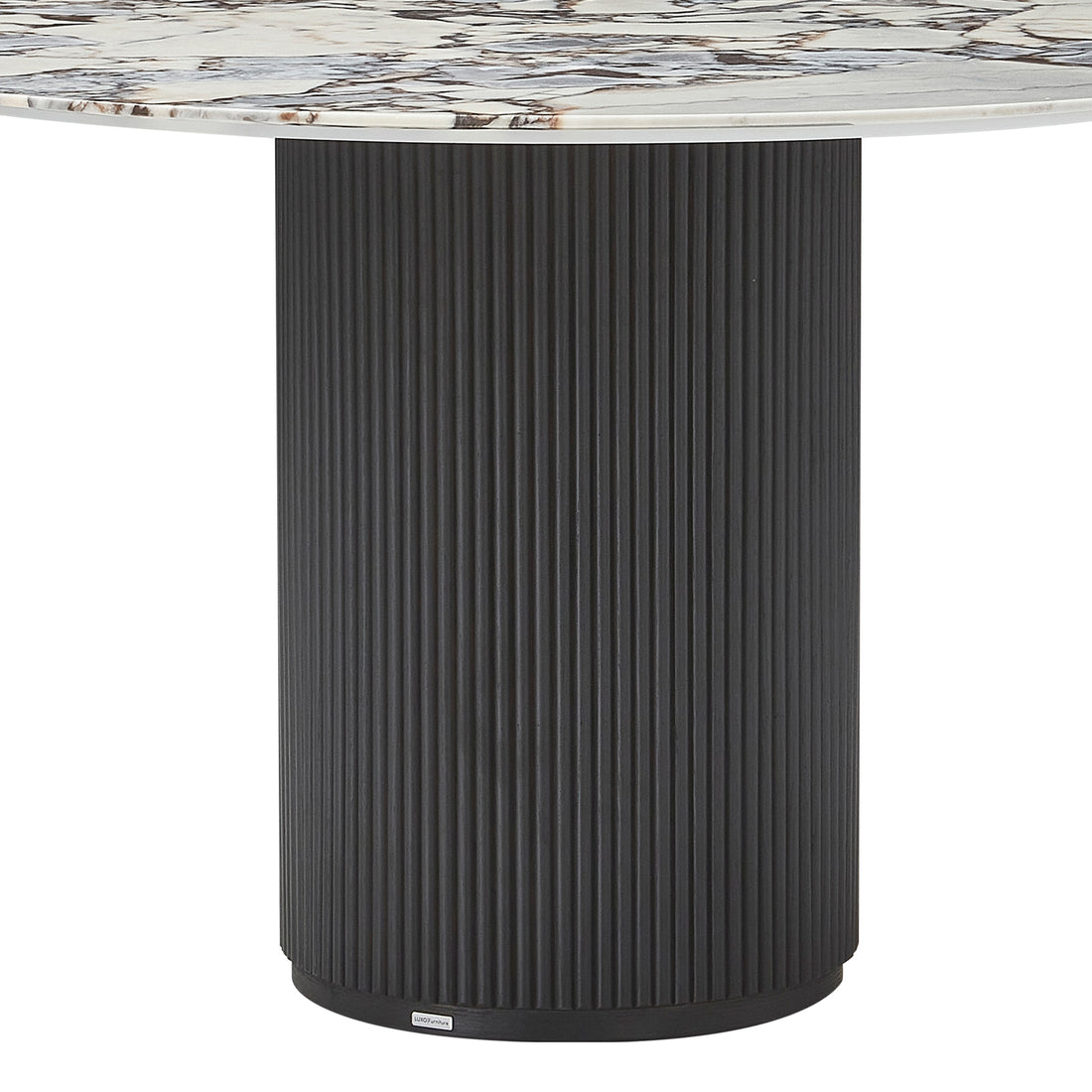 Gracie 120cm Round Marble Dining Table in Black features a white marble top with unique veining and a cylindrical, vertically-fluted black base, showcasing timeless elegance and sturdy design.