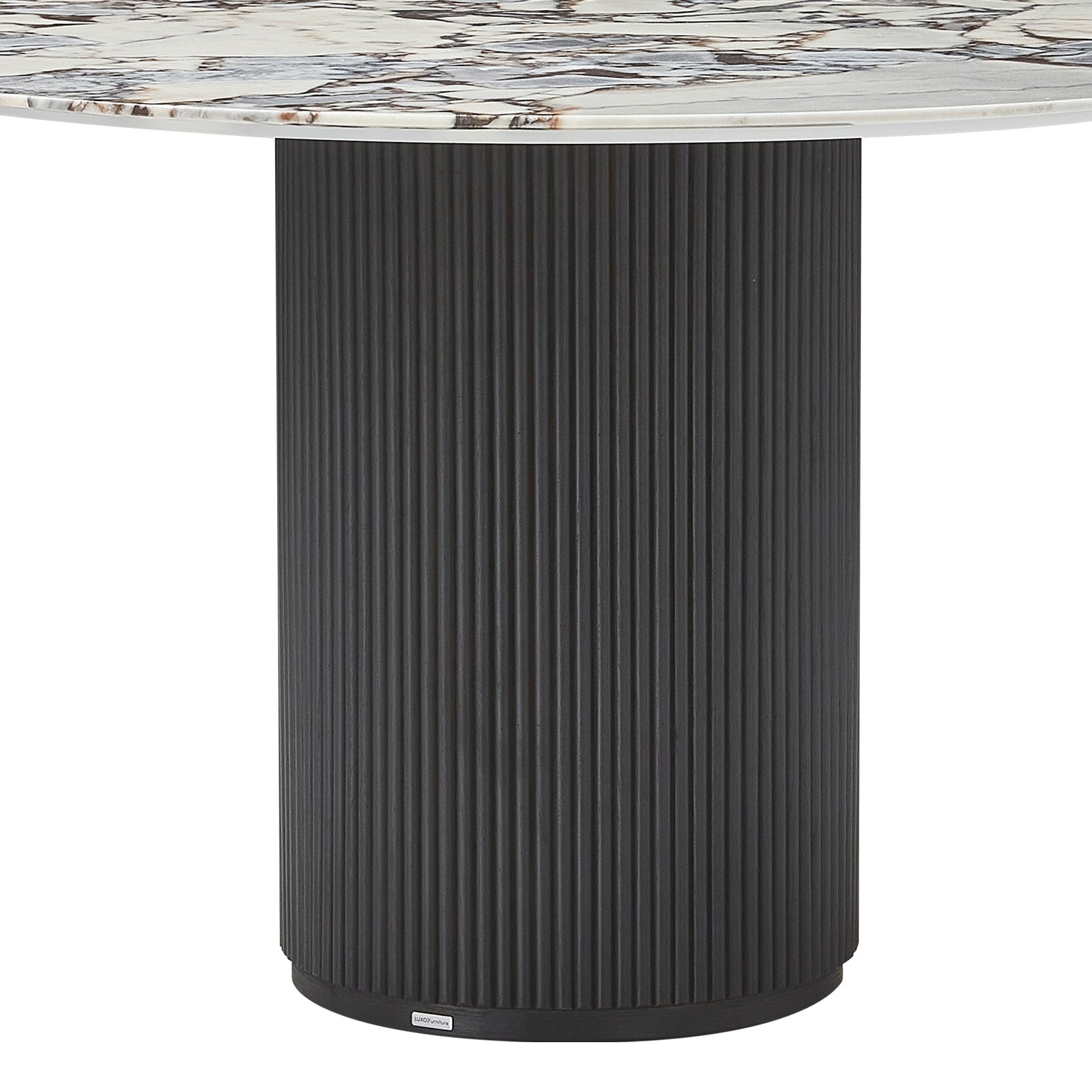 Gracie 120cm Round Marble Dining Table in Black features a white marble top with unique veining and a cylindrical, vertically-fluted black base, showcasing timeless elegance and sturdy design.