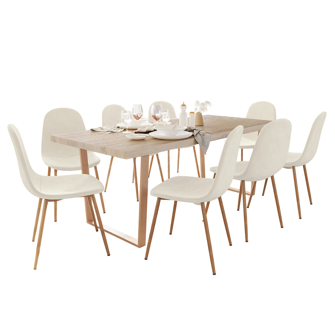 Oregon Dining Table with 8 Florida Chairs Set in Sand, showcasing a light-wood table with place settings, surrounded by cream upholstered chairs with wood-tone legs, and accented with minimal decorative elements.