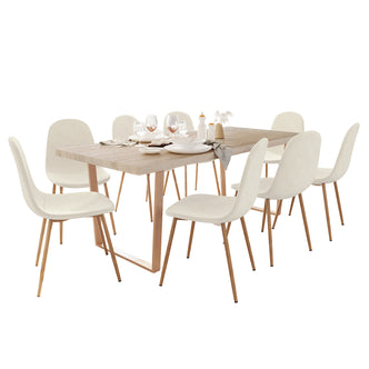 Oregon Dining Table with 8 Florida Chairs Set in Sand, showcasing a light-wood table with place settings, surrounded by cream upholstered chairs with wood-tone legs, and accented with minimal decorative elements.