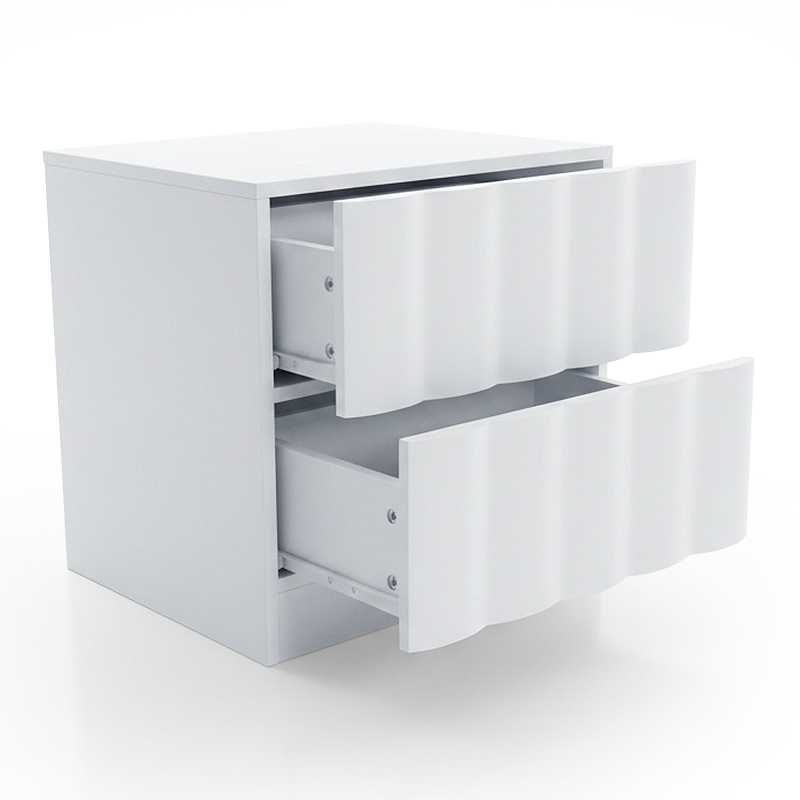 White cabinet with partially open drawers on white background