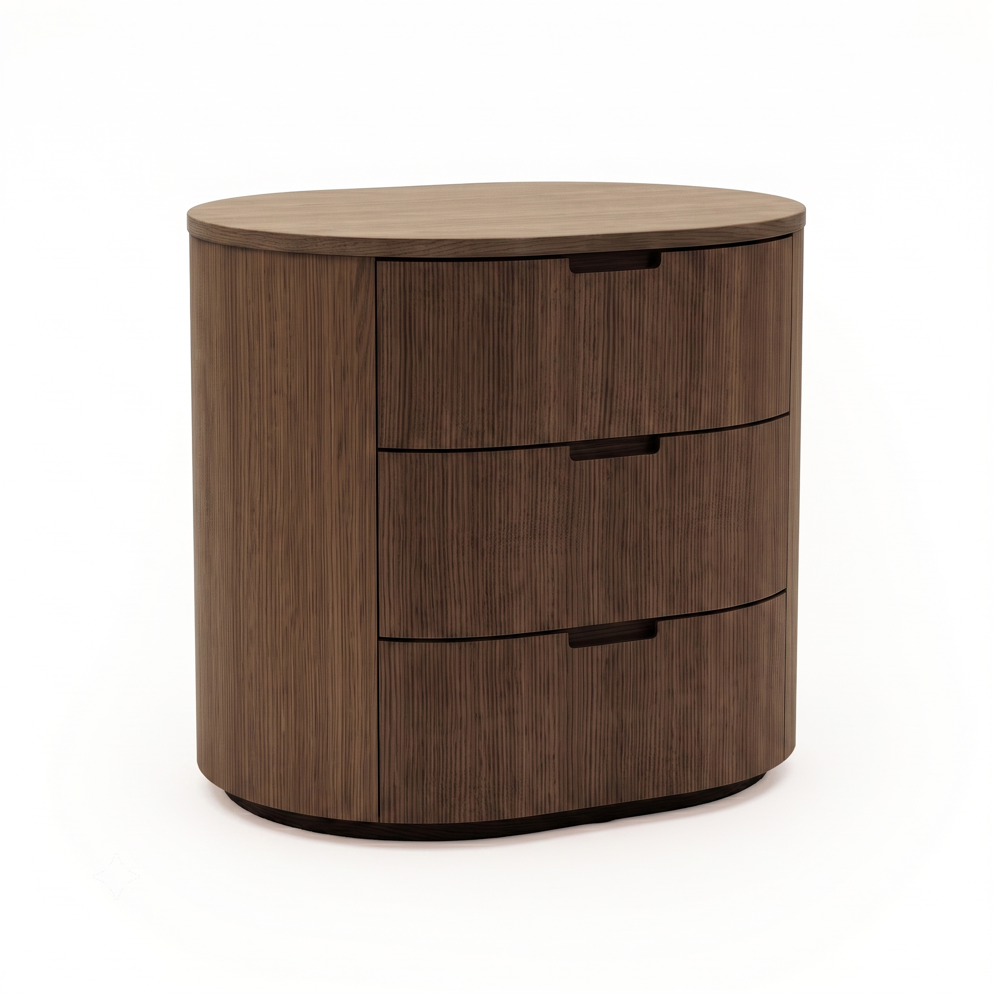Oval wooden three-drawer nightstand on a white background