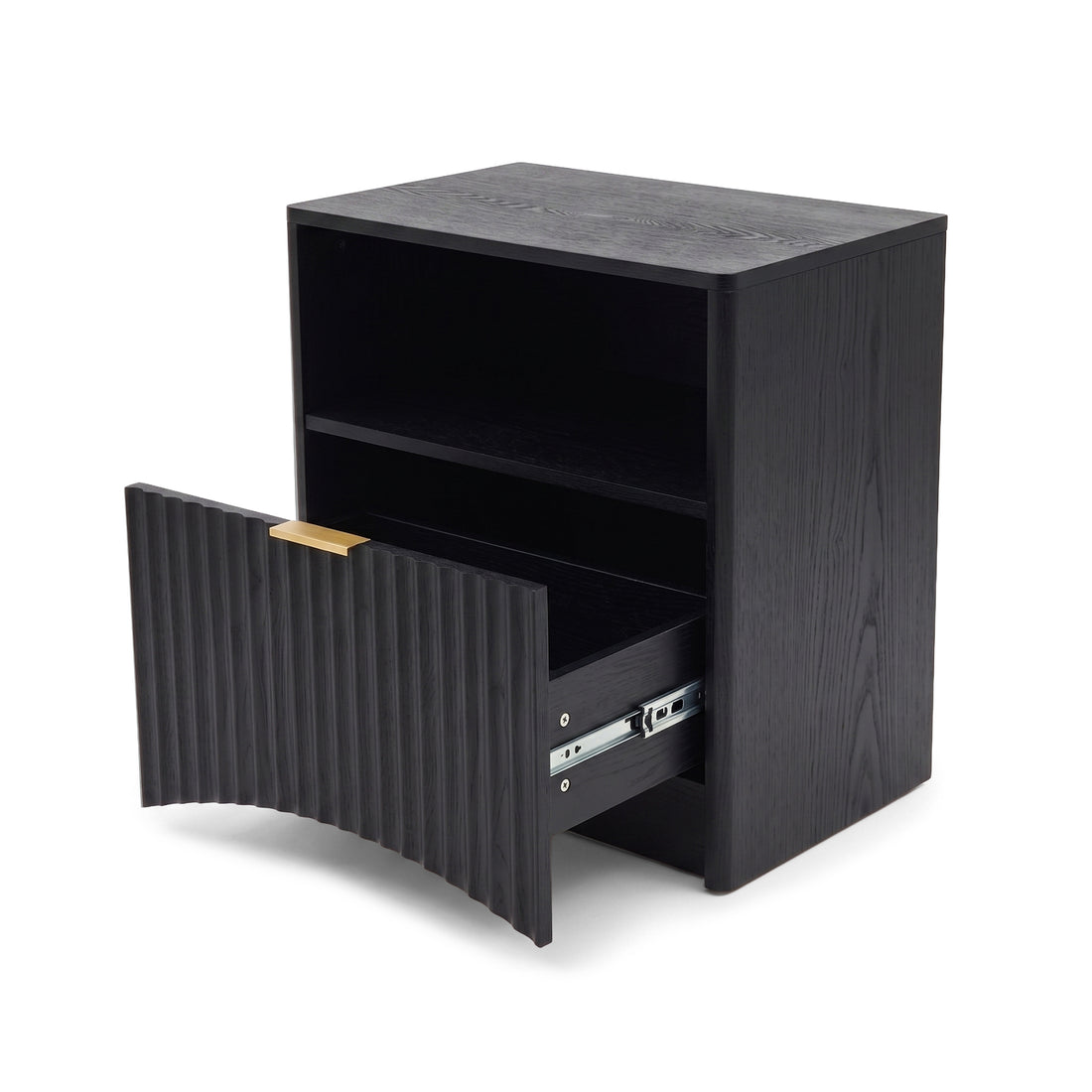 Black nightstand on white background with drawer partially open