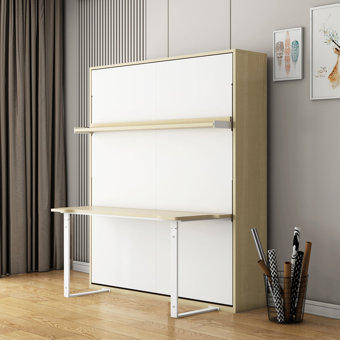 Logan Desk and Foldout Queen Wall Bed in White & Natural features a sleek fold-down desk, pale wood-tone cabinet, and stylish accents like a wire basket and framed prints.