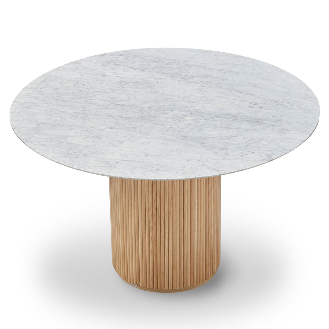 Gracie 120cm Round Marble Dining Table features a white marble top and a vertically fluted wooden base, reflecting modern elegance and sturdy design, perfect for enhancing dining spaces.