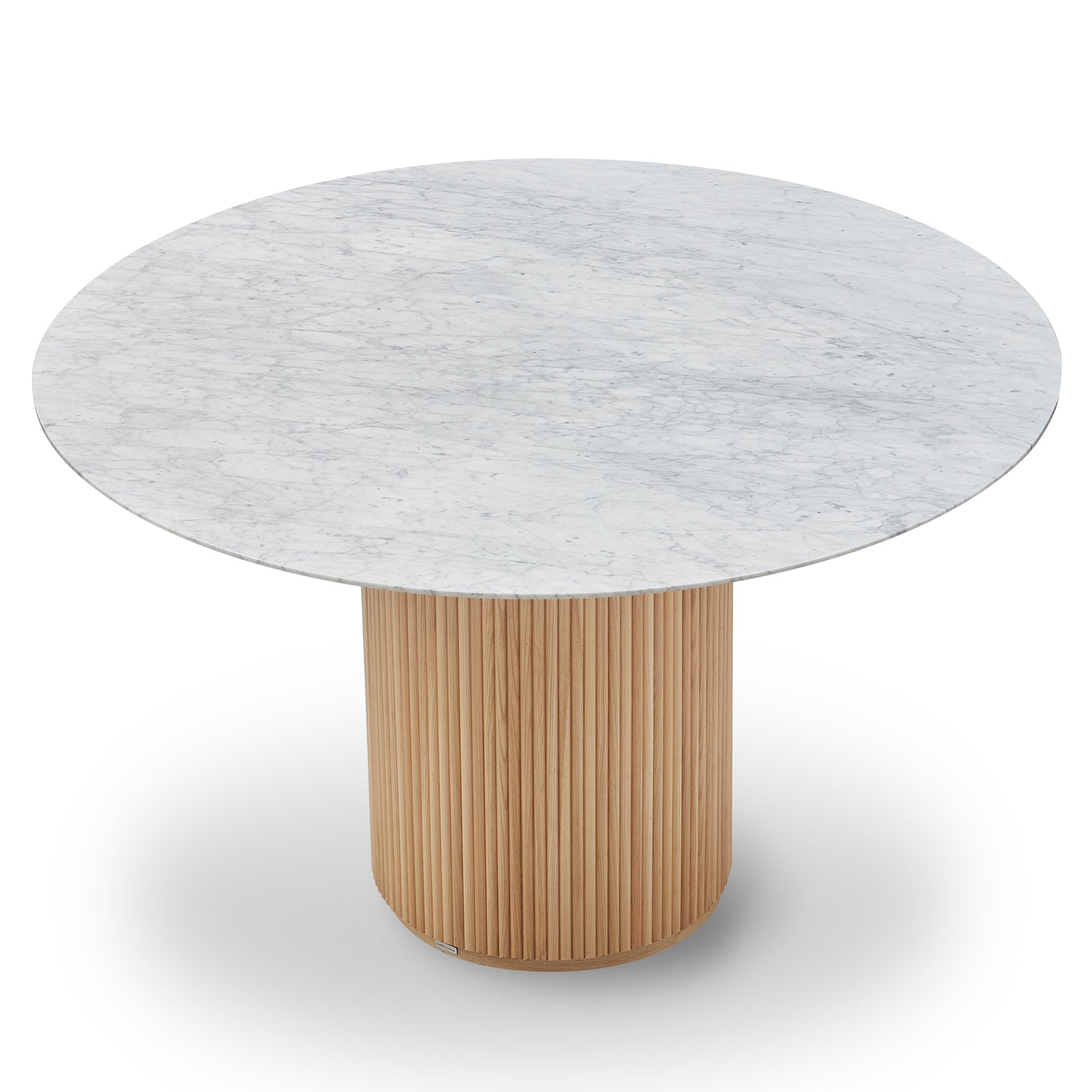 Gracie 120cm Round Marble Dining Table features a white marble top and a vertically fluted wooden base, reflecting modern elegance and sturdy design, perfect for enhancing dining spaces.