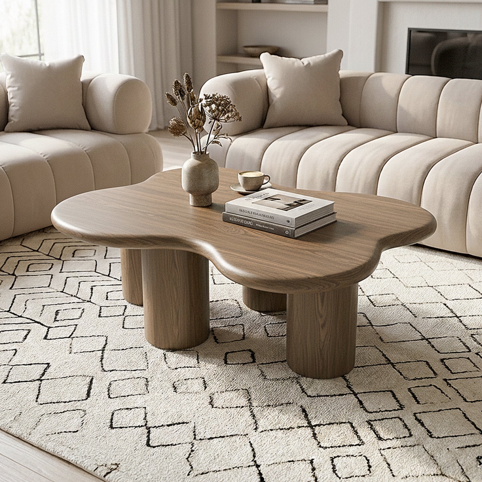 Wooden coffee table in a contemporary living room with sofas and decorative accessories